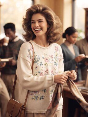Joyce Women L XL Cream Sweater Floral Embroidered Beaded Grannycore Vintage